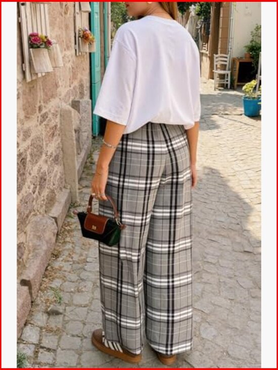 Wide Leg Palazzo Pants Elastic Waist High Rise Casual Trousers with Pockets - Picture 4 of 6